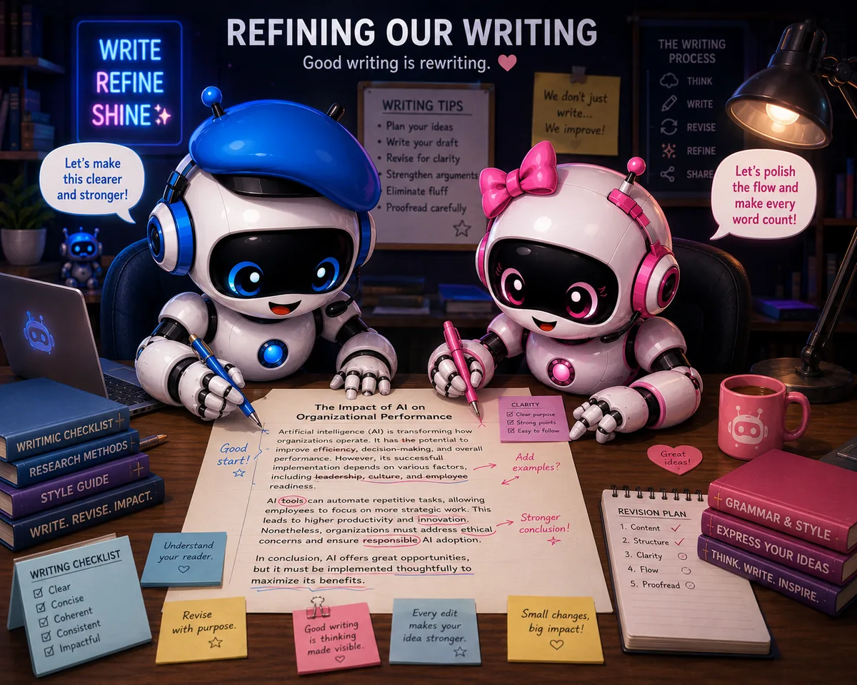 Two friendly DrAI robots collaboratively refining a draft titled 'The Impact of AI on Organizational Performance' — clarifying, adding examples, and strengthening the conclusion.